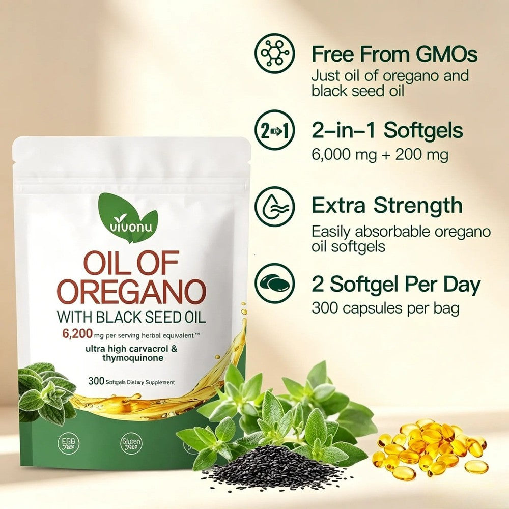 2-Piece Set VivoNu Oil of Oregano & Black Seed Oil – Organic Softgels, Carvacrol,Non-GMO